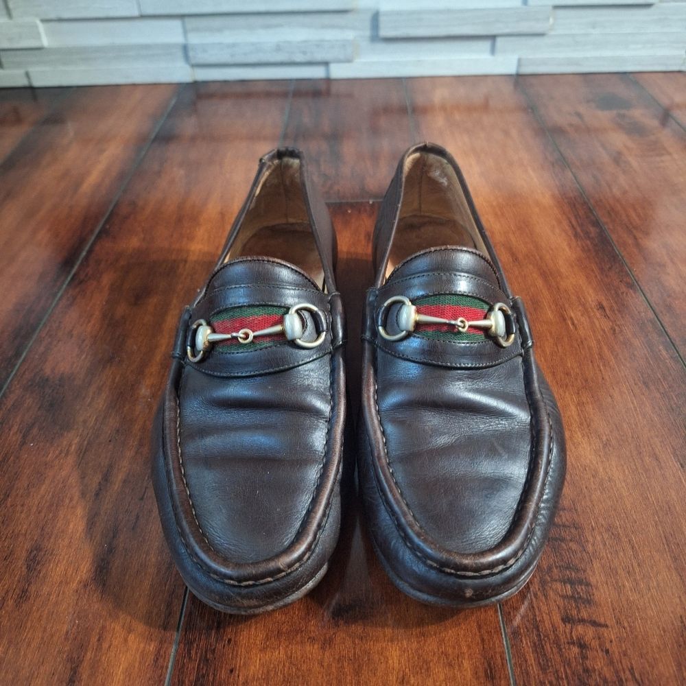 Gucci 80s Men’s Brown Leather 1953 Gold Horsebit Loafers Green Red Web 42 USA 9 - Picture 2 of 12